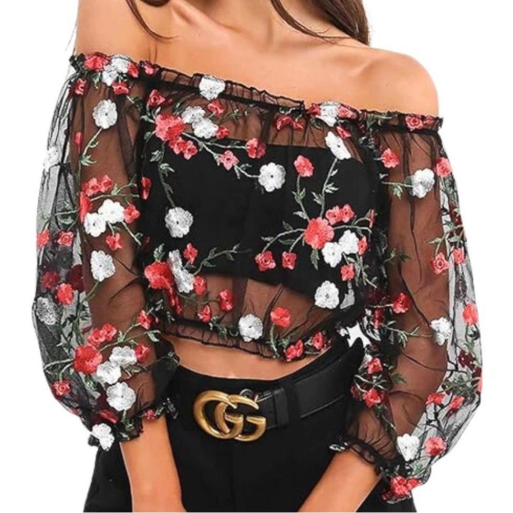 Black mesh flower embroidered balloon sleeve off shoulder top